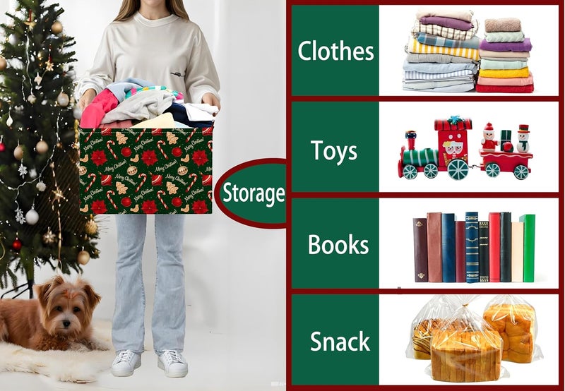 BOOHIT Large Christmas Gifts Empty Baskets Kids Collapsible Holiday Storage Bin with Handle (Golden Tree Red Flower) - Image 4